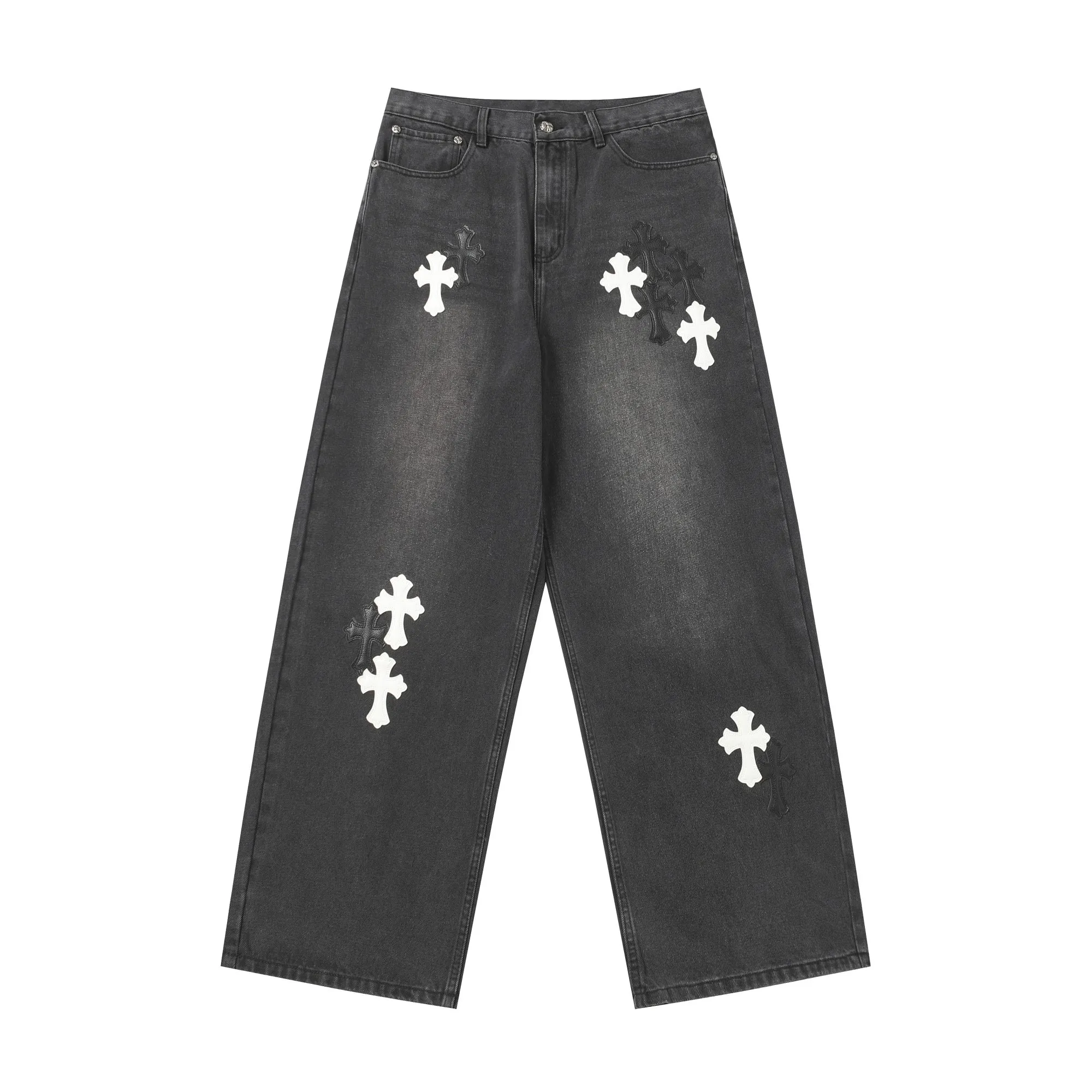 KE305 P270 The only correct leather label version on the market Chrome Hearts CH Heavy-duty washed distressed wide-leg jeans Top ceiling quality 100% correct version The correct version is here!  Believe me this must be the best quality you will ever come across! ! Excellent value for money! !  Styles with different washes and textures are very friendly to people with thin legs and thick legs. The straight version is very flattering to the shape of the legs. The moderate length is timeless and easy to match. It is the basis of various styles and a must-have in the wardrobe! ! Add a little stacking to make the atmosphere easy to control. The fabric is stiff but the upper body is soft without losing texture. The sides and cuffs of some styles have a bone-wash effect. It’s really hard not to love it!  ✅Correctly customize the Croxin metal leather label on the back panel. It is definitely not sold directly with the cross on the finished jeans. 1:1 copying strives for excellence and the details are perfectly grasped. ✅The cross leather label is clear and smooth. Exquisite turning top craftsmanship. ✅Buttons, zippers and hardware are all customized versions of the Croxin LOGO. ✅High-cost washing process. Size: 28 30 32 34 36